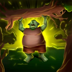 An orc holding a tree above his head with both hands and roaring.